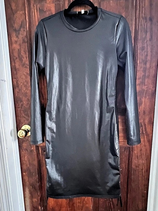 RAMISU Dresses & Skirts - RAMISU Black Faux Leather Long Sleeve Ruched Drawstring Bodycon Mini Dress